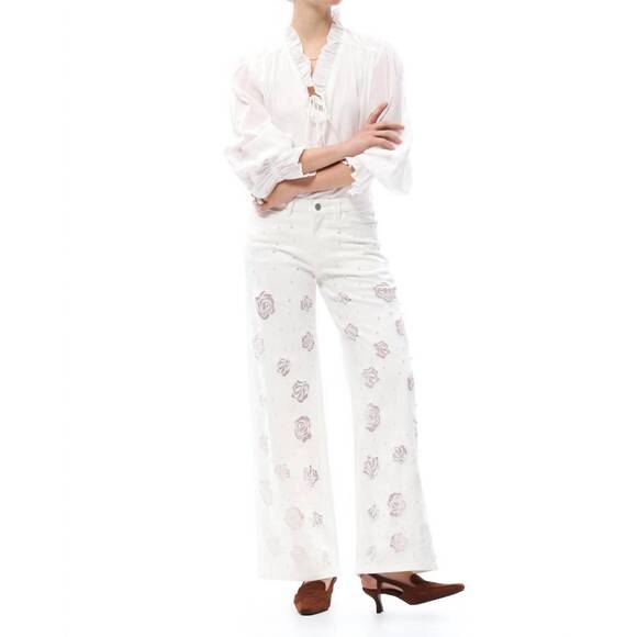 BAYEAS Denim - NEW BAYEAS rose cutout mid rise wide leg jeans in white
